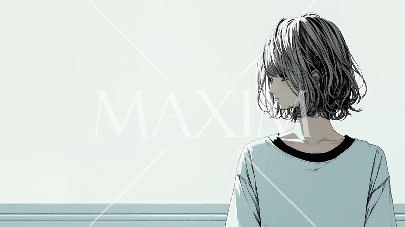 白い壁に向かって考え事をする若い女性