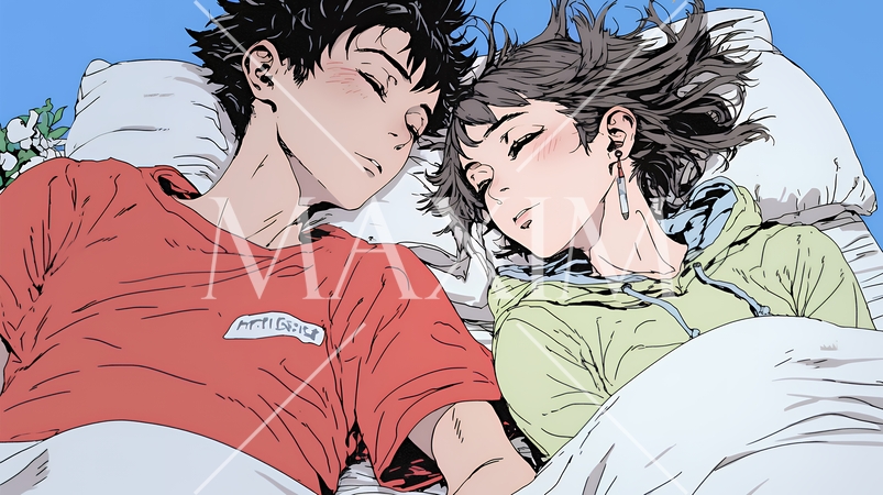 寄り添いながら穏やかに眠る若いカップル