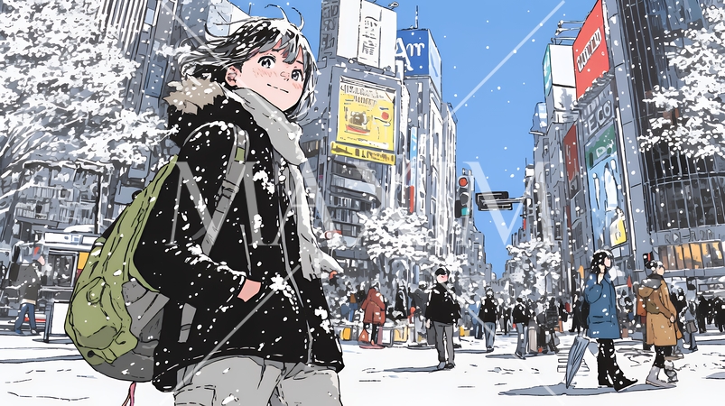 雪の積もる冬の都会を散策している若い女性