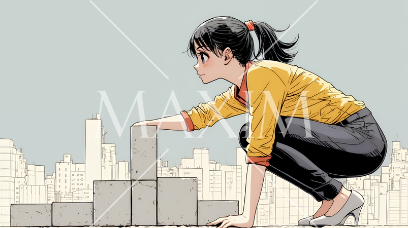 コンクリートブロックを積み上げているビジネスウーマン：計画の段階的積み重ねの比喩