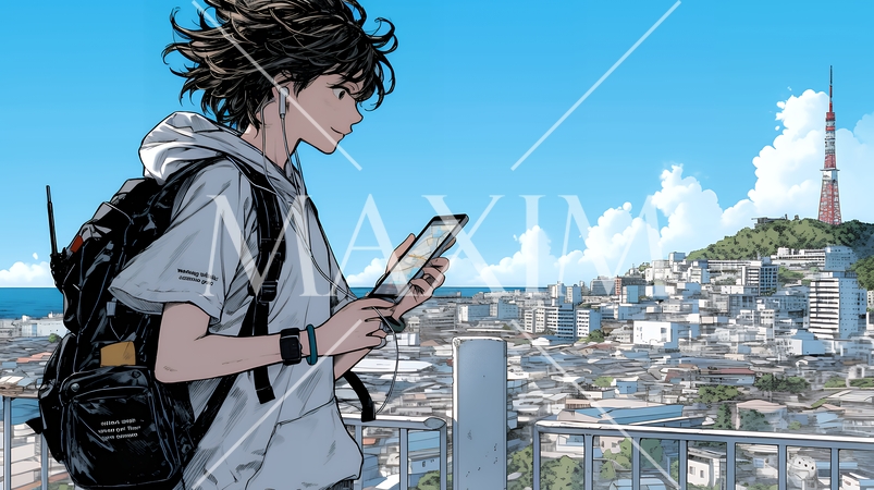 スマホの地図アプルを頼りに目的地に向かって歩いている女性：歩きスマホ