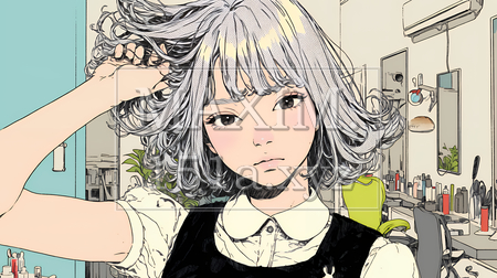 髪をいじる若い女性｜髪型や身だしなみを気にする女性のイラスト素材（イラストID:2328065-20584）