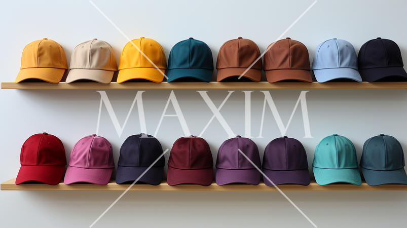 様々な色のキャップが壁に掛かっている背景画