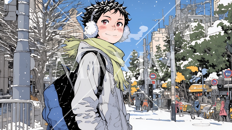 雪の積もる田舎道を歩いている若い女性