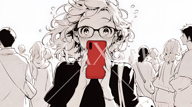 スマホの画面を見て驚いている若い女性（シンプルな色使い）