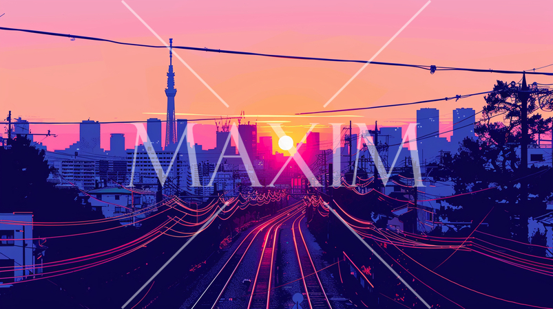 東京の朝：朝日に照らされる電線と線路、ビル群とスカイツリーのシルエット