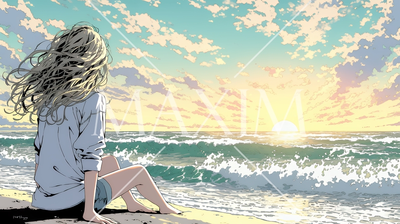 のんびり・ゆったり：夏のビーチで夕日を眺める若い女性