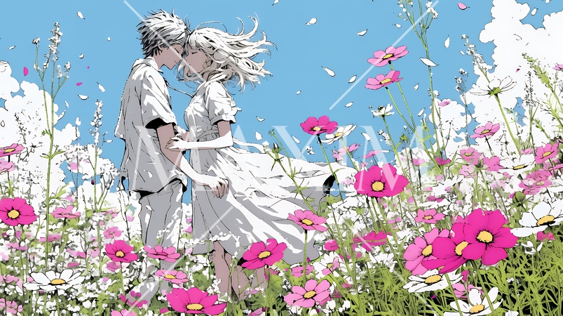 コスモス畑でデートをしている若いカップル