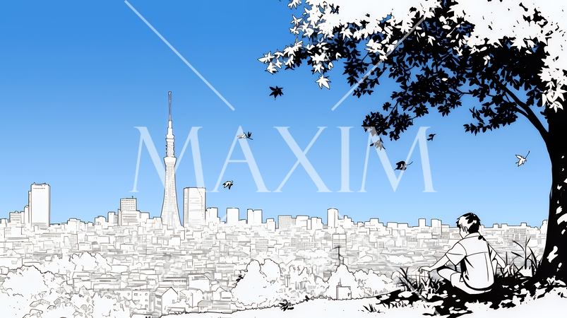 都市の町並みと青空（シンプルな色使い）