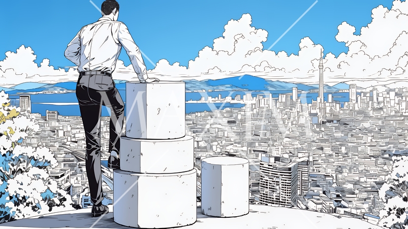 コンクリートブロックを積み上げているビジネスマン：計画の段階的積み重ねの比喩