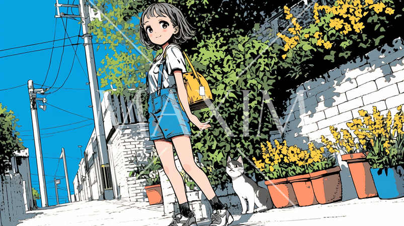 晴天の夏休みに近所を散歩している少女