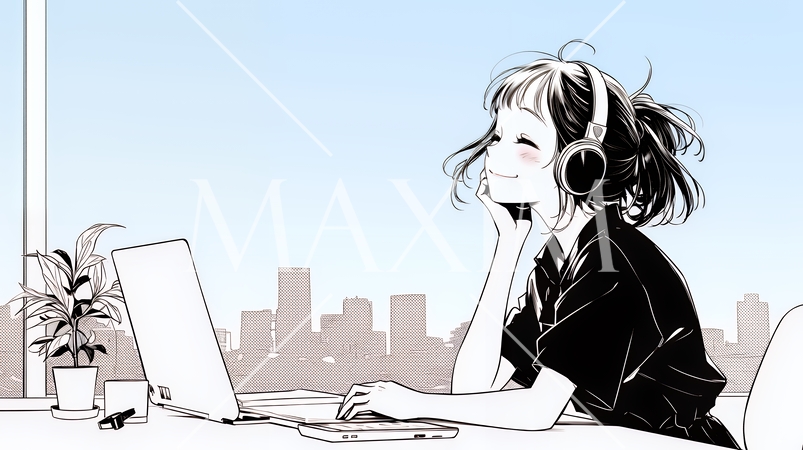 職場のデスクでパソコンに向かって仕事をしているビジネスウーマン（シンプルな色使い）