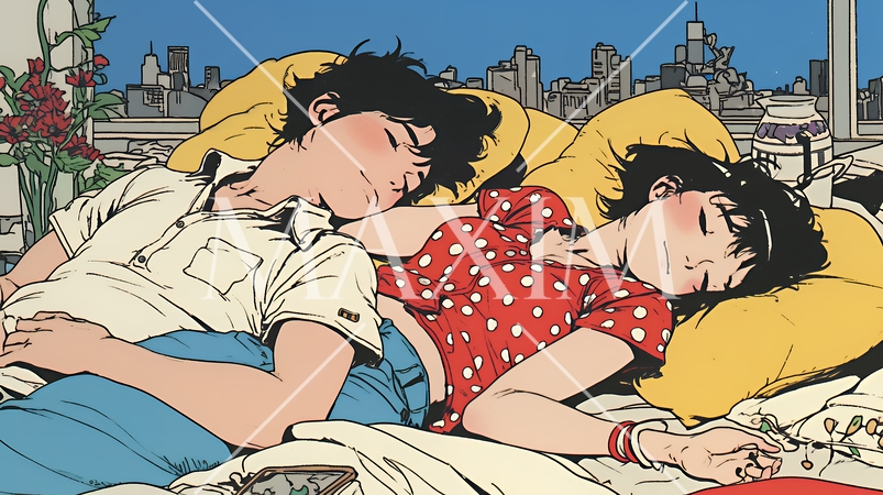 寄り添いながら穏やかに眠る若いカップル