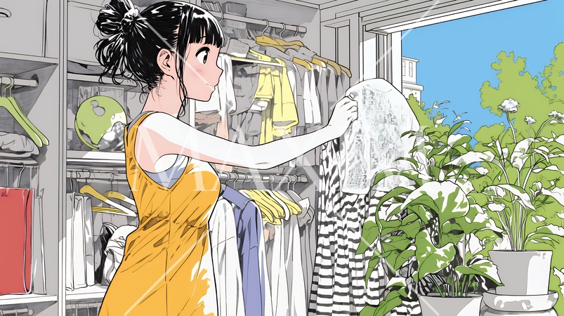 着ていく服をクローゼットから選ぶ若い女性