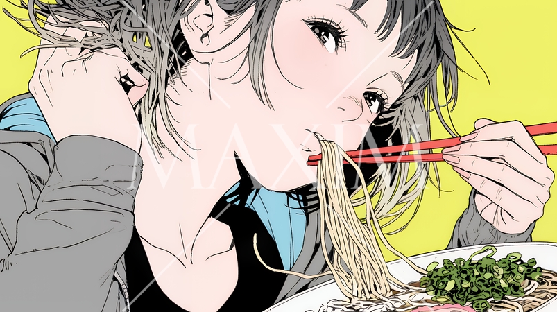 ラーメンを食べている若い女性