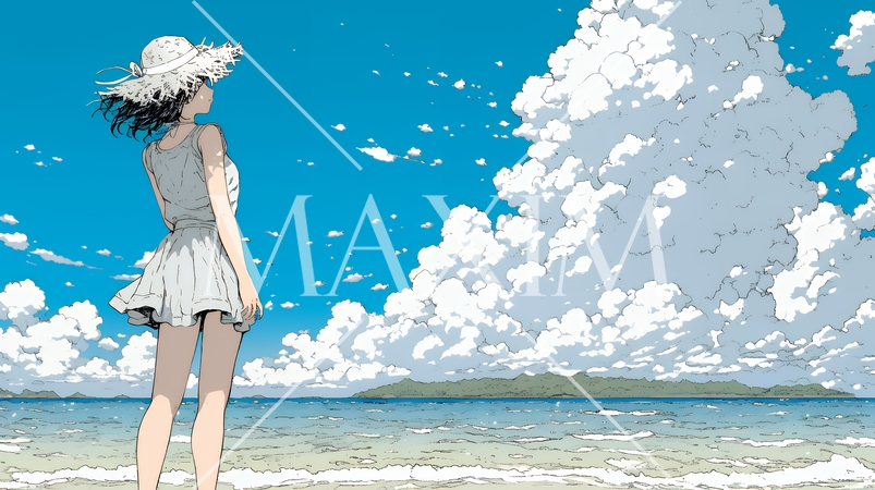 夏の海と入道雲と若い女性