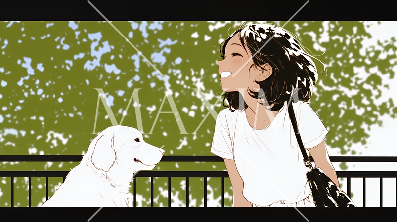 愛犬と散歩している若い女性（シンプルな色使い）