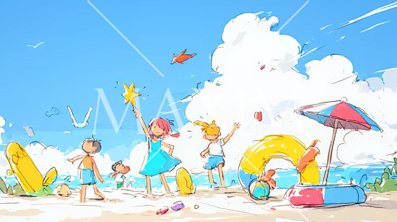 小学生の夏の思い出：海水浴（クレヨン＋水彩画風）
