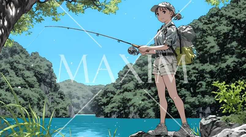 岸から魚釣りを楽しむ若い女性｜渓流・自然・アウトドア・ライフスタイル