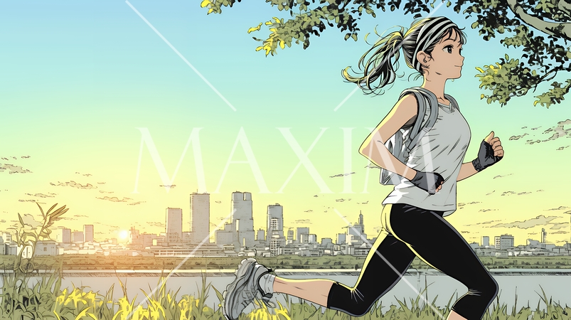 夕方の街並みを背景にジョギングをする若い女性