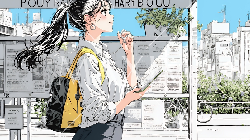 一人旅の旅先、街角で足を止めて道を確かめる若い女性