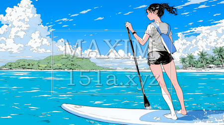 海でSUP（サップ）を楽しむ若い女性（ライフジャケットとリーシュコードの装着は必須だよ）｜爽やかなマリンスポーツ・夏のレジャーイラスト（イラストID:2355472-20479）