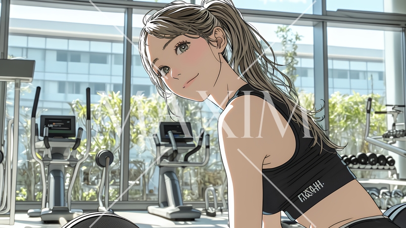 休日にジムで軽く運動する若い女性