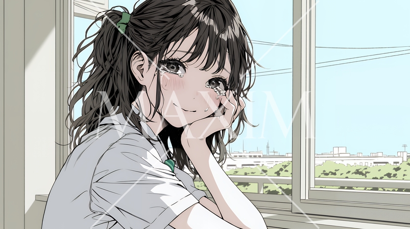 涙ぐむ制服姿の女子高生
