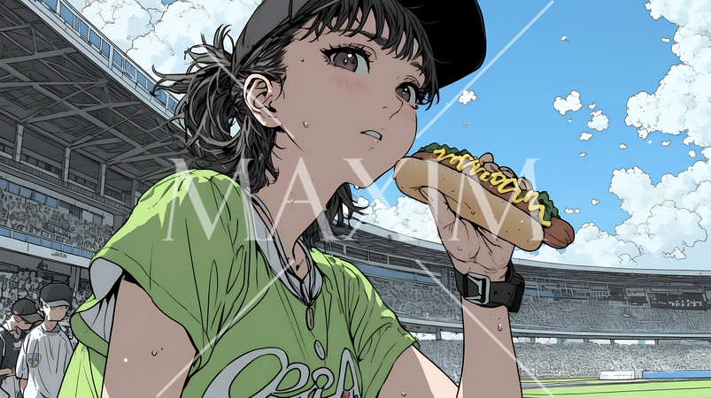 野球などの屋外スポーツを観戦しながら、ホットドッグを頬張る若い女性。