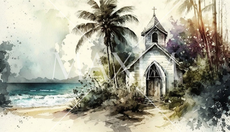 海辺に建つ教会（チャペル）の水彩画