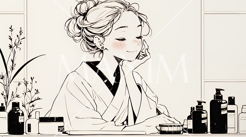 スキンケアを念入りに行う若い女性（シンプルな色使い）