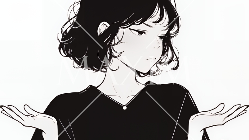 肩をすくめて困惑・諦めの仕草をしている若い女性（シンプルな色使い）