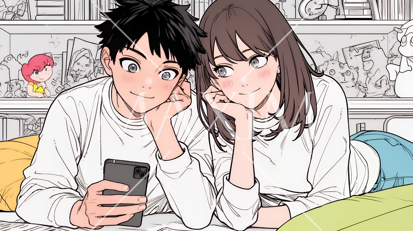 幸せそうに一緒にスマホを見る若いカップル