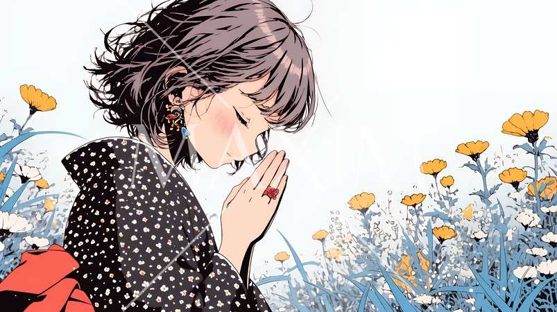 手を合わせてお祈りをしている和服姿の若い女性