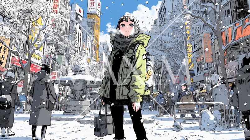 雪の積もる冬の都会を散策している若生女性