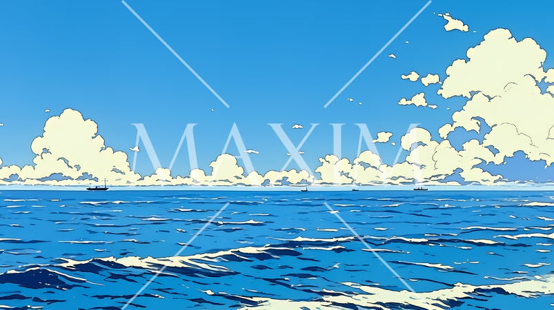 夏の青い空と青い海と白い雲のコントラスト