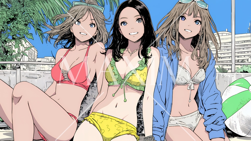 ビーチリゾートを満喫する若い女友達たち