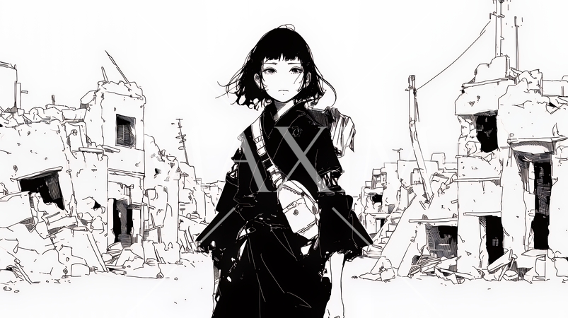 震災や空爆などで破壊された街で孤独に立ちすくむ若い女性（シンプルな色合い）