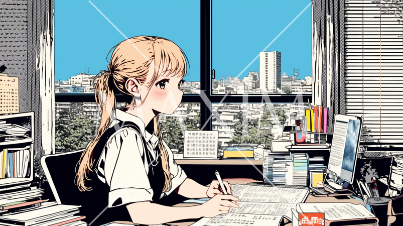 受験勉強とか残業をしている若い女性