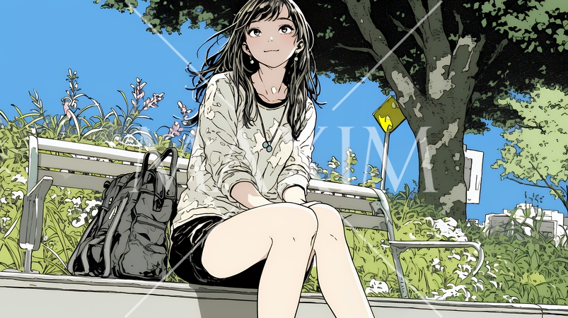 公園のベンチでひとり静かにくつろぐ若い女性