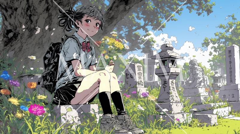 墓参りをしている若い女性