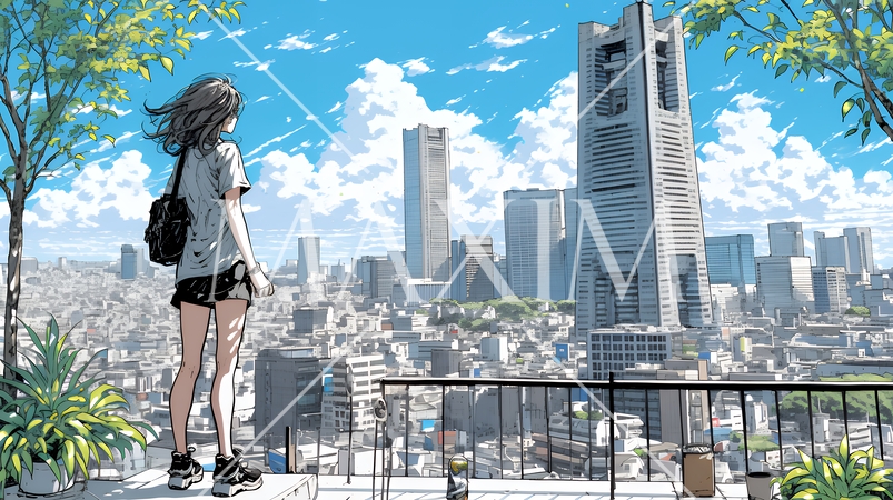 都市のランドスケープを眺めている若い女性