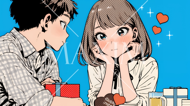 バレンタインディのチョコを男性に渡そうとしている若い女性