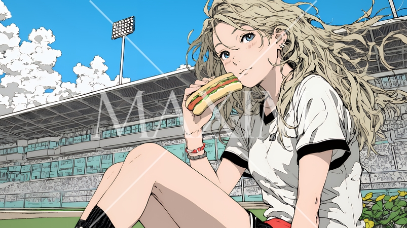 野球などの屋外スポーツを観戦しながら、ホットドッグを頬張る若い女性。