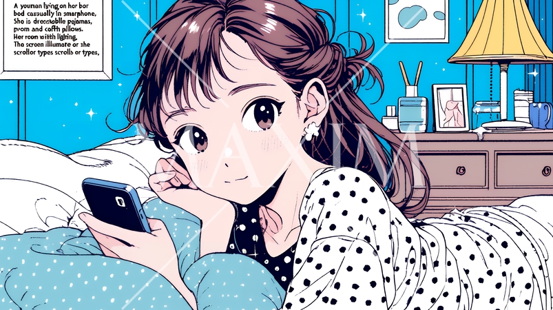 ベッドに横になってスマートフォンをいじくっている若い女性