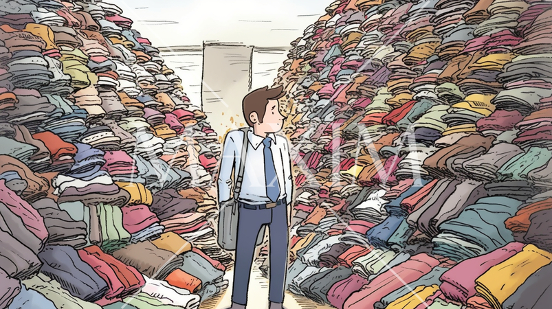 骨折り損のくたびれ儲け：返品の山を見て狼狽しているビジネスマン