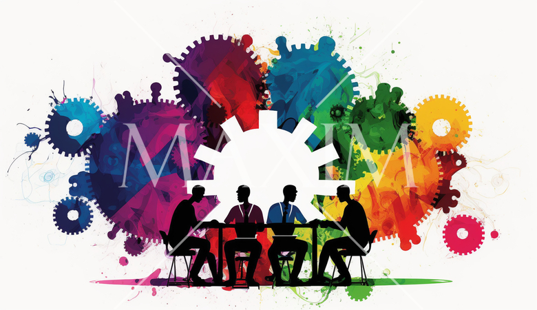 チームワーク：チームが協力してビジネスのプロジェクトに取り組む場面。