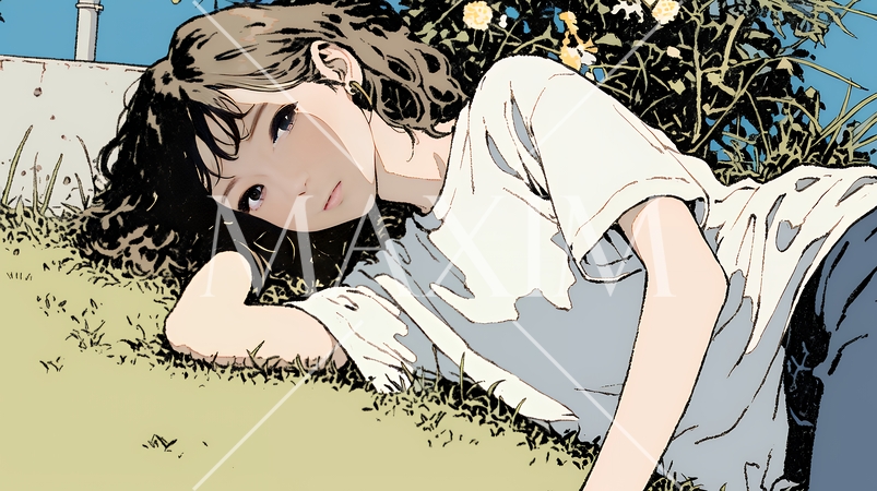 心地よさそうに地面に身を横たえる若い女性