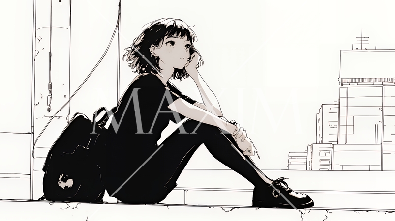 若い女性が佇む都市の街角（シンプルな色使い）