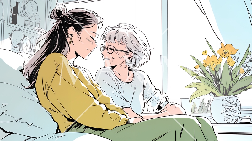 老人福祉施設でゆったりと過ごす老人と仲の良い介護士